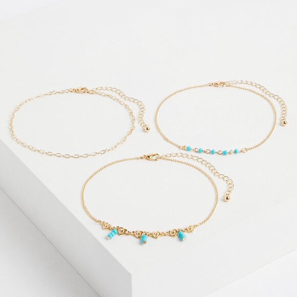 Torrid set of 3 gold tone and turquoise anklets - Picture 1 of 7